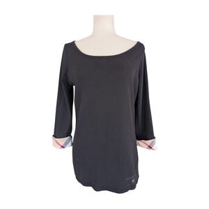 Burberry London Black Scoop Neck Long Sleeve Plaid Cuff T-Shirt Size Large